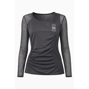 DKNY Womens Blouse XL Black Sheer Mesh Overlay Minimalist Night Out Chic